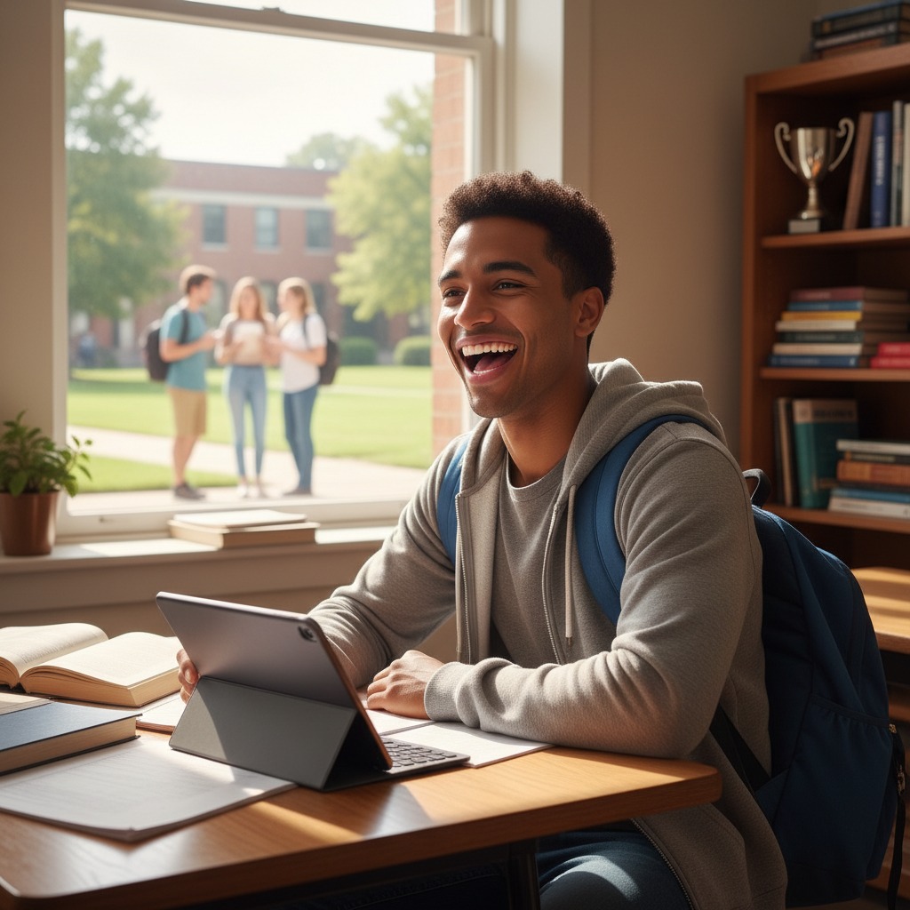 A smiling young man with a backpack sits at a desk with a tablet and books, with a window showing a campus lawn behind him.
