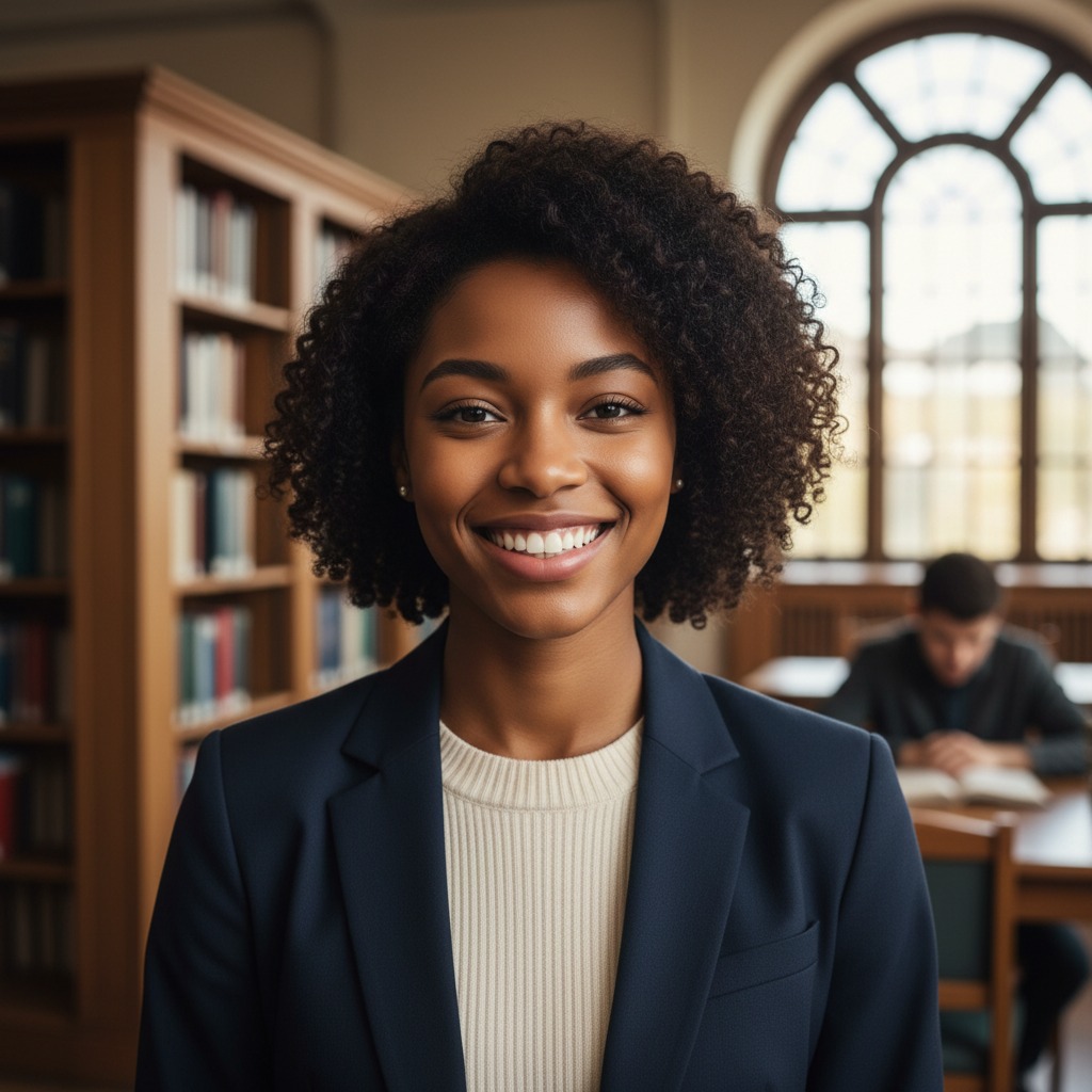 A smiling young Black woman in a blue blazer stands in a library with tall bookshelves and a large arched window in the background.