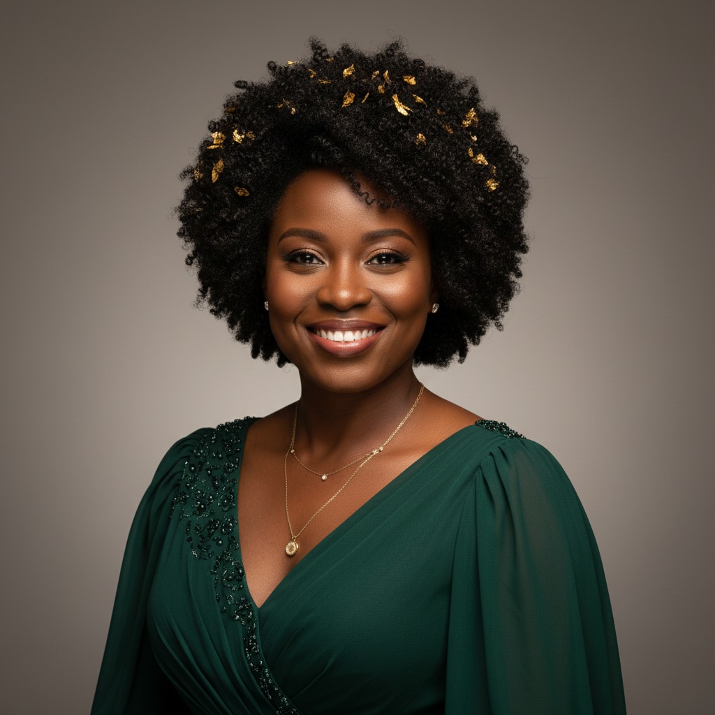 A smiling Black woman with gold flakes in her afro wears a dark green dress and a gold necklace.